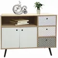 Produktbild: Möbilia Sideboard | 2Türen,3Schubladen,1offenes Fach | MDF mit glatter Nachbildungsfolie|white wash mit blau-weißer Front|B106,5xT39xH77cm|25020095