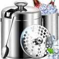 Produktbild: Retoo Eiskübel mit Deckel und Zange Eiswürfelbehälter Doppelwandig Edelstahl Wein-kühler 1,3 Liter Eiseimer für Eiswürfel Sektkühler mit Henkel 20 x 14,5 cm Silber