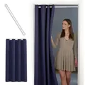 Produktbild: tinycurtains Türvorhang mit Stange weiß 55-90 cm ohne Bohren, Thermo Vorhang Tür, Ösen, abdunkelnd, Polyester, dunkelblau Ocean, Türgardine mit Klemmstange Raumtrenner verdunkelnd blau 150 cm x 195 cm