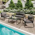Produktbild: BTM Garten-Lounge-Set, Sofa-Tisch-Set für 4 Personen mit Gestell aus verzinktem Eisen, Tischplatte aus gehärtetem Glas, verstellbare Beine, inklusive Aller Sitz- und Rückenkissen, schwarz