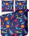 Produktbild: Kinderbettwäsche Renforce 135x200cm, 100% Baumwolle, Navy Blau, Astronaut-Motiv, Reißverschluss, Ganzjährig, Sommer, Kissen 80x80cm