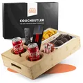 Produktbild: NewHabitat Couchbar Snackbox aus Bambus Personalisierbar inkl. Geschenkbox | Sofa Tablett mit 2 Snackschalen, 2 Getränkehalter mit Untersetzer, magnetischer Deckel, Handyhalterung