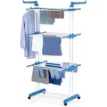 Produktbild: EASYmaxx Wäscheständer 3 Etagen klappbar 76x50x172cm weiß/blau mit Rollen - Blau/Weiß