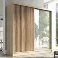 Produktbild: Schwebetürenschrank, 2-türig Schrank mit Spiegel und 3D-Lamellen Premum LINA 200 cm (Sonoma) - Braun