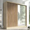 Produktbild: A&J MöbelLand Schwebetürenschrank LINA Kleiderschrank 200 cm mit Spiegel, 3 Schubladen & 3D-Lamellen (Sonoma)