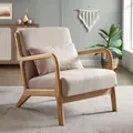 Produktbild: Sicaan Skandinavischer Sessel Marie Beige – Bequemer Leinenstuhl mit Kissen – Elegantes Retro-Design mit Holzarmlehnen für Wohnzimmer oder Schlafzimmer – 65 x 84 x 74 cm