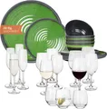 Produktbild: Melamin Camping Geschirr Set 4 Personen Stone Green + 16 Tiamo Gläser Wassergläser Weingläser Champagner-Gläser Flûtes Tafelgeschirr Picknick BBQ Kochgeschirr