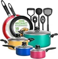 Produktbild: NutriChef Töpfe und Pfannen Set, Kochgeschirr Set 15-Teilig, Antihaft Cookware Set Inkl. Topfset, Pfannenset Induktion & Küchenzubehör, für alle Herdarten, PFOA/PFOS frei, Spülmaschinenfest, Bunt