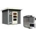 Produktbild: Karibu Gartensauna Pultdach Saunahaus Norge terragrau Moderne Saunatür (Klarglas) 9 kW Bio-Kombiofen inkl. Steuergerät inkl. 10-teiligem gratis Saunaset im Wert von 232,94 €