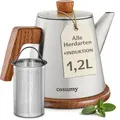 Produktbild: Cosumy Teekanne mit Siebeinsatz und Untersetzer - Dickes Edelstahl - Induktion & alle anderen Herdarten - 1200ml - Thermo Teekanne Metall mit Warmhaltefunktion