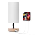 Produktbild: Aigostar Nachttischlampe mit 2 USB-Ladeanschlüssen, E27 Tischlampe mit Zugschalter, Holzsockel, Modern Tischleuchte, Weiß