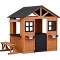Produktbild: Wiltec Spielhaus für Kinder 178 x 126 x 158 cm aus Tannenholz, Kinderspielhaus für Outdoor, Gartenspielhaus mit Sitzbank und Blumentöpfe
