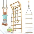 Produktbild: Juskys® Sprossenwand für Kinder - mit Klimmzugstange, Indoor Klettergerüst mit Turnringen und Strickleiter, Kletterwand fürs Kinderzimmer, Turnstange