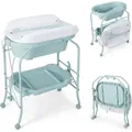 Produktbild: COSTWAY 4 in 1 Wickeltisch bis 35 kg, Wickelkommode mit Badewanne, Wickelauflage & Universalrädern, Wickelstation für 0-12 Monate Baby, Blau - Blau