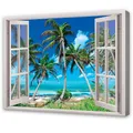 Produktbild: WallArena - Leinwand Bilder - Fensterbilck Strand Meerblick Natur - 100x75 cm Leinwandbilder - Bild auf leinwand - Wandbild XXL groß Wandbilder für Wohnzimmer Schlafzimmer Wohnzimmerbilder Modern