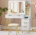 Produktbild: VASAGLE Schminktisch Frisiertisch mit Schubladen, Hocker, LED-Leuchten (Set, 1 Tisch mit 1 Hocker), Kosmetiktisch, 10x Vergrößerungsspiegel, Schmucktablett, Ladestation