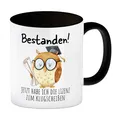 Produktbild: Bestandene Prüfung Eule Kaffeebecher in schwarz mit Spruch Lizenz zum