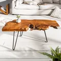 Produktbild: Massiver Couchtisch WILD 100cm Teak Massivholz Baumscheibe Hairpin Legs Wohnzimmertisch Holztisch