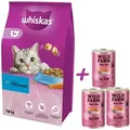 Produktbild: WHISKAS Adult 14 kg - Trockenfutter für ausgewachsene Katzen, mit leckerem Thunfisch + WILD FARM Pate Salmon 3x400g