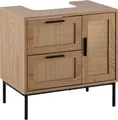 Produktbild: Waschbeckenunterschrank Eiche-Optik 60x60x40 cm mit Tür und Schubladen, Badezimmerschrank mit Rattangeflecht, Unterschrank Stehend, Badschrank Midischrank Klein Waschtisch