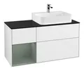 Produktbild: Villeroy & Boch Finion Waschbeckenunterschrank für Becken rechts Regal links für Finion / Memento 2.0 3 Auszüge mit Beleuchtung (1x LED) 1200 x 603 x 501 mm - Glossy White Lacquer / Olive Matt Lacquer / Glass Black Matt - F142GMGF
