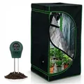 Produktbild: Mucola Gewächshaus Growbox Indoor Gewächshaus Pflanzenzelt Zuchtzelt Growroom Darkroom, Stück, inkl. 3 in 1 Feuchtigkeitsmessgerät für Pflanzen schwarz 60 cm x 180 cm x 60 cm
