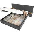 Produktbild: OKWISH Bettgestell mit breitem Kopfteil 140x200 cm Diamant-Knopfheftung LED Beleuchtung Hydraulisches Hebesystem USB Anschlüsse Stauraum Modern Grau