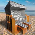Produktbild: BRAST® Strandkorb Ostsee 3-Sitzer XL für 2-3 Personen | 155cm breit | 2 Designs | Tragkraft bis zu 500kg | verstellbare Rückenlehne | Grau/Weiß - gestreift