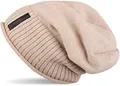Produktbild: styleBREAKER Unisex Beanie Mütze mit Fleece Innenfutter und Label | Warme Winter Strickmütze aus Feinstrick | Elastische Longbeanie für Damen und Herren, Farbe:Beige