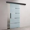 Produktbild: doporro Glasschiebetür komplettset Softclose 77,5 x 205cm Schiebetür mit ESG 15mm Wandabstand Zimmertür 5-Milchglas-Streifen mit Stangengriff Schwarz