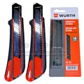 Produktbild: 2x Würth Cuttermesser 18mm 2K-Griff inkl 16 Abbrechklingen schwarz extrem scharf