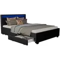 Produktbild: Juskys Led Polsterbett Lyon Mit Bettkasten – Bettgestell Aus Holz & Kunstleder Mit Lattenrost – Einzelbett Jugendzimmer Möbel – 140 X 200 Cm - Schwarz