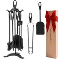 Produktbild: Amagabeli 25.2”(64cm) 5-tlg.Kaminbesteck Sets Schmiedeeisen und Innenausstattung Kaminzubehör Holzhalter Kaminständer Feuerzange Schaufel Antikbürste Schornsteinschürhaken Holzofen (Schwarz)