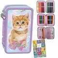 Produktbild: Goldkids - Federmäppchen 3 Fächer - Mäppchen für Mädchen - Federmappe 3-Fach Federtasche Gefüllte Schüleretui 43-teilig - Schulmäppchen und Hausaufgabenheft - Motiv - Katze