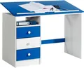 Produktbild: Kinderschreibtisch KEVIN aus Kiefer in weiß/blau, schöner Schülerschreibtisch mit Neigungsverstellung, praktischer Schreibtisch mit 3 Schubladen und Ablagefach