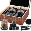 Produktbild: 8 Whisky Steine mit 2 Whiskey Gläsern, Zange & Holz Geschenkbox - Whiskey Steine Geschenkset aus Natürlichem Basalt - Eiswürfel Wiederverwendbar