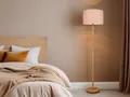 Produktbild: Große LED Stehlampe Holzlampe mit Stoffschirm für Wohnzimmer hinter Sofa & Flur
