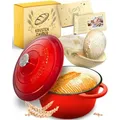 Produktbild: KRUSTENZAUBER Gusseisen Topf [inkl. Gärkorb] - Hochwertiger Emaille Topf 26cm - Idealer gusseiserner Brottopf zum Backen, Gusseisentopf Brotbacken - Rot