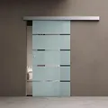 Produktbild: doporro Glasschiebetür komplettset 90 x 205cm Schiebetür mit ESG 15mm Wandabstand Zimmertür Glas 5-Milchglas-Streifen mit Muschelgriff - Transparent/milchig