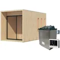 Produktbild: Karibu Design Saunahaus Miramar mit Vorraum - 73 mm naturbelassen Inkl. Terrasse 9 kW Ofen inkl. Steuergerät