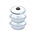 Produktbild: Pyrex - Doppelter 20 cm Dampfkorb und Deckel mit Knauf, Dampfgaren, Borosilikatglas (2 Dampfkörbe), ALB238-LOG