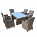 Produktbild: RAGNARÖK PolyRattan - DEUTSCHE Marke - Gartenmöbel Essgruppe Tisch 6 Sessel 12 Polster Rostfrei Aluminium Rundrattand (Naturfarbene Garnitur + graue Polster, Weißes Glas)