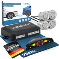 Produktbild: VSG24 Echo Plus Front Einparkhilfe mit Display & 4 Sensoren in Silber – robuste Parkhilfe vorne für Auto & Transporter – LED-Anzeige & akustischer Warner, Schalter inkl. – 30–150 cm – 12V Nachrüstset