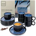 Produktbild: SÄNGER Aruba | Espressotassen Set Steingut 12 teilig, Mokka Tassen Set 6 Personen, Tassen & Untertassen - spülmaschinenfest mikrowellenfest - Tassenset blau mit schwarzem Rand 80 ml | VALUE COLLECTION