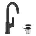 Produktbild: GROHE Start, Waschtischarmatur hoch, wassersparend (Wasserhahn für das Bad, schwenkbar, Zugstangen-Ablauf, 31cm hoch, mit 3in1 Werkzeug, einfache Installation am Waschbecken), schwarz, 242032432