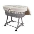 Produktbild: Wiklinopol Stubenwagen aus Weide mit Gestell & Matratze Amelia – Moseskorb in Grau – Set Musselin-Bettwäsche in Beige – Weidenkorb, Tragbar, Ideal für Neugeborene