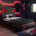 Produktbild: X-Rocker Cerberus Gaming Bett, 90cm Einzelbett, Holzlatten, gepolstertes Kopfteil aus PU-Kunstleder, niedriges Fußteil, ideal für Teenager, Kinder, Gaming-inspiriert, Carbon-Rot-Schwarz, 90 x 190cm