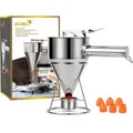 Produktbild: eGenuss 1 Edelstahl Backtrichter Pfannkuchen Teigspender + 7 verschiedenen Düsen + fester Ständer mit Teigsammler + Tasche | Teigportionierer mit...