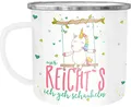 Produktbild: Moonworks Emaille Tasse Becher Einhorn Mir reichts ich geh schaukeln Spruch Einhorntasse Unicorn Kaffeetasse weiß-metall unisize