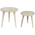 Produktbild: Beliani - Beistelltisch 2er Set Hellbraun Und Weiß Mango Holz Rund Dreibeinig Handgefertigt Handdekoriert Boho Couchtisch Wohnzimmer Ausstattung Möbel